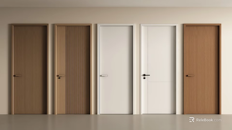 Different Design Hinged Doors In Brown Beige White With Wood Grain And Solid Color Panels 3d model 