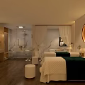 Luxurious SPA Sauna Room With Two Massage Beds Circular Mirror Soft Lighting And Bathtub