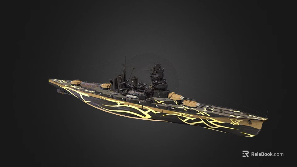 Striking Warship Design With Black Hull Golden Decorative Patterns And Main Turrets 3d model