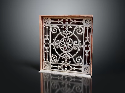 Traditional Iron Decorative Grille With Intricate Filigree Symmetrical Floral Patterns And Wooden Frame 3d model