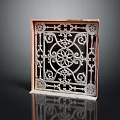 Traditional Iron Decorative Grille With Intricate Filigree Symmetrical Floral Patterns And Wooden Frame