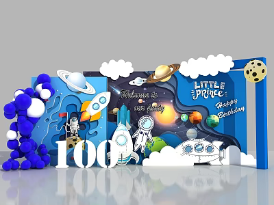 Little Space Themed Photo Spot With Rocket Astronaut Planets Clouds Blue White Balloons And Birthday Decor 3d model