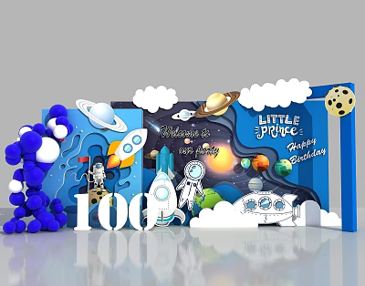 Little Space Themed Photo Spot With Rocket Astronaut Planets Clouds Blue White Balloons And Birthday Decor 3d model