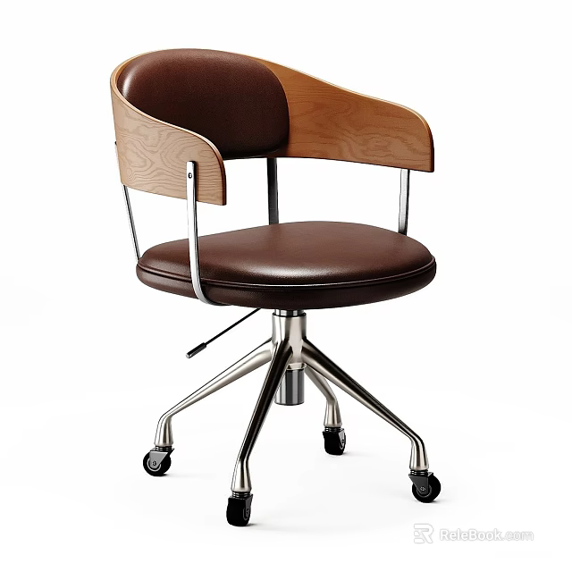 Brown Leather Leisure Chair with Wooden Armrests and Swivel Metal Base 3d model 