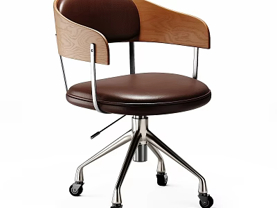 Brown Leather Leisure Chair with Wooden Armrests and Swivel Metal Base 3d model