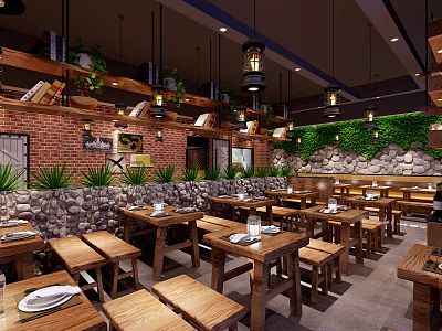 Rustic Restaurant Interior Featuring Wooden Tables Benches Brick Stone Walls And Hanging Lanterns 3d model