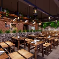 Rustic Restaurant Interior Featuring Wooden Tables Benches Brick Stone Walls And Hanging Lanterns