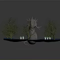 Abstract 3D Landscape Model With Heart Shaped Sculpture Dry Trees And Sand Patches