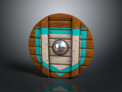 Round Wooden Shield With Brown Turquoise Stripes White Accents And Metal Ball 3d model