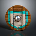 Round Wooden Shield With Brown Turquoise Stripes White Accents And Metal Ball