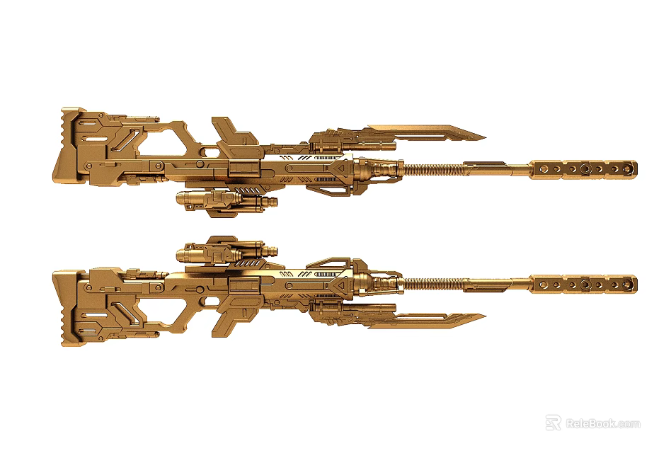 Advanced Futuristic Golden Mechanical Weapons With Detailed Structure And Dual Design 3d model 