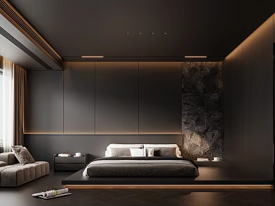 Modern Dark Bedroom Interior Design With Stone Wall Bed Sofa And Lighting Strips 3d model