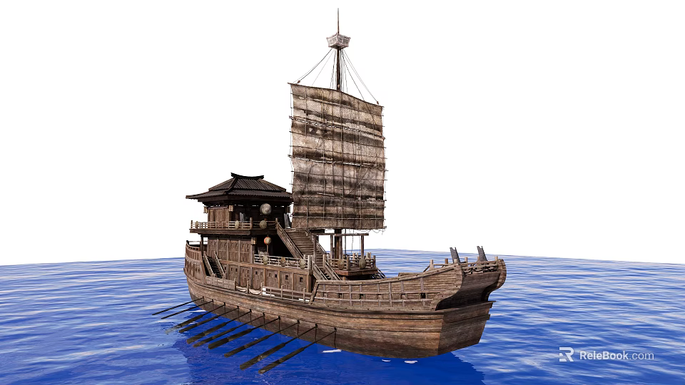 Traditional Wooden Ship Featuring Large Canvas Sail Wooden Structure and Oars on Blue Water 3d model 