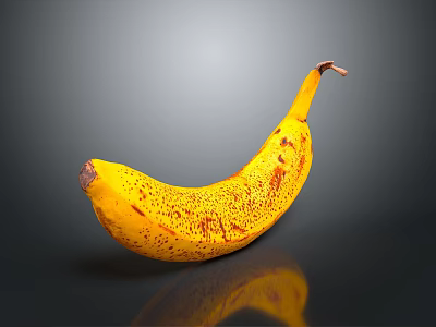 Ripe Yellow Banana With Brown Spots On Black Surface And Reflection 3d model