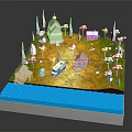 3D Rural Landscape With Cottages Green Trees Orange Shrubs White Caravan And Small River