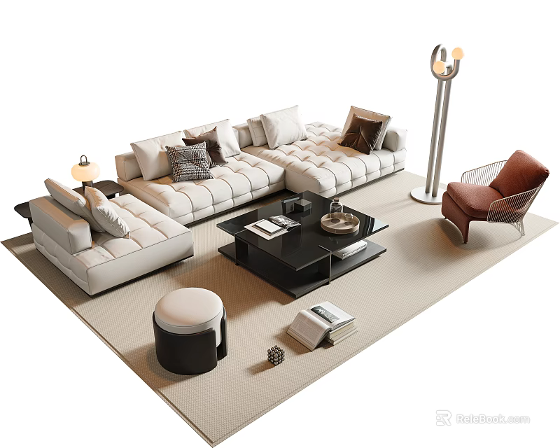 Modern Sofa Coffee Table Set Living Room Interior With Soft Pillows And Floor Lamp 3d model 