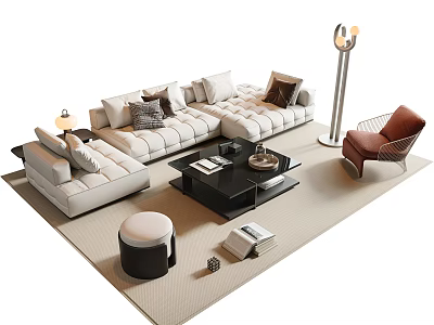 Modern Sofa Coffee Table Set Living Room Interior With Soft Pillows And Floor Lamp 3d model