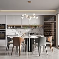 Elegant Modern Restaurant Interior With Marble Dining Table Mixed Chairs And Wine Cabinet