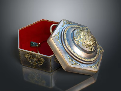 Decorative Octagonal Box Open with Red Velvet Lining Golden Floral Patterns and Ring Inside 3d model