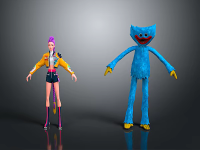 3D Animated Character Models With Purple Hair Girl And Blue Long Limb Monster 3d model