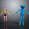 3D Animated Character Models With Purple Hair Girl And Blue Long Limb Monster