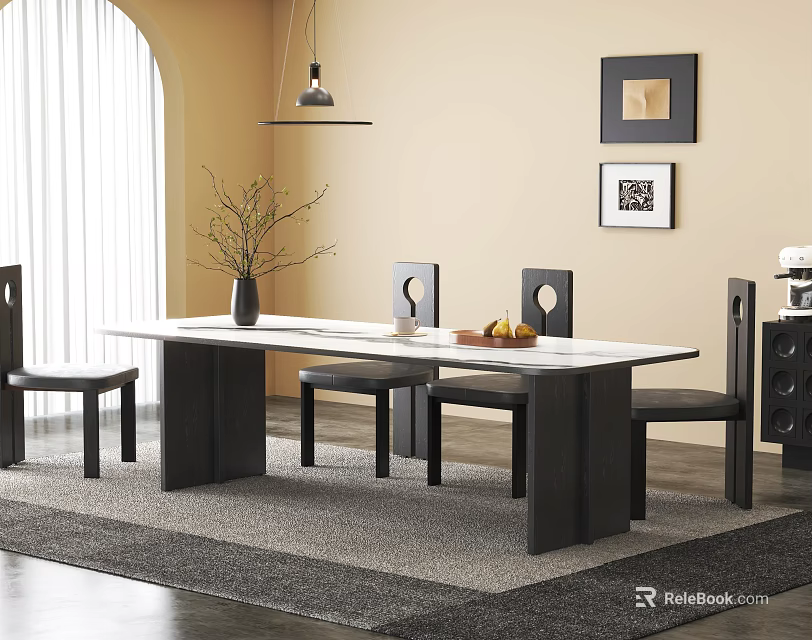 Modern Dining Table and Chairs with Vase Plants Fruit Bowl Rug and Wall Art 3d model 