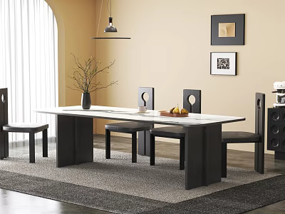 Modern Dining Table and Chairs with Vase Plants Fruit Bowl Rug and Wall Art 3d model