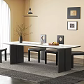 Modern Dining Table and Chairs with Vase Plants Fruit Bowl Rug and Wall Art