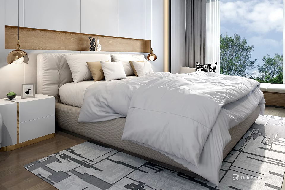 Modern Double Bed Bedroom Interior With White Bedding Wooden Headboard And Nightstand 3d model 