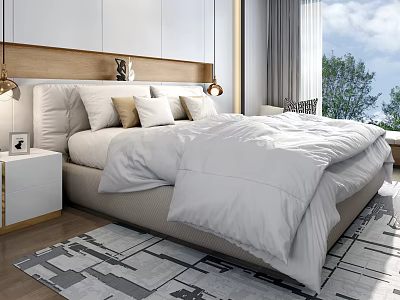 Modern Double Bed Bedroom Interior With White Bedding Wooden Headboard And Nightstand 3d model