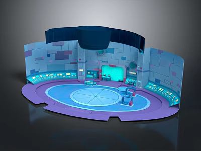 Futuristic Control Room 3D Model With Circular Design Blue Purple Tones Control Panels And Screens 3d model