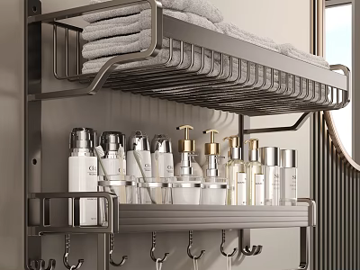 Modern Wall Mounted Metal Bathroom Storage Shelf with Towels Toiletries and Hooks 3d model