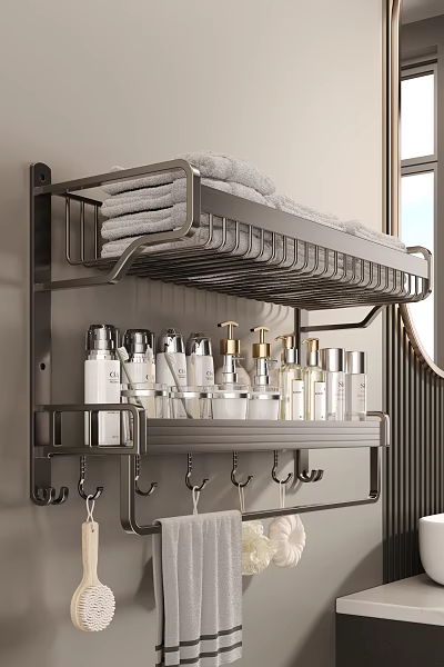 Modern Wall Mounted Metal Bathroom Storage Shelf with Towels Toiletries and Hooks 3d model