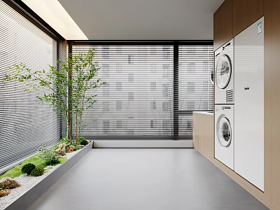 Modern Laundry Room Interior With Washing Machine Dryer Wooden Cabinets Window Blinds And Green Plants 3d model