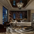 Luxurious Living And Dining Room Interior With Marble Floor Chandelier And TV Wall