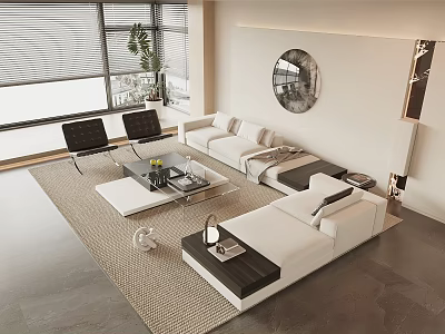 Modern Living Room Sofa Coffee Table Combination With White Sofa Wooden Table Area Rug And Large Windows 3d model