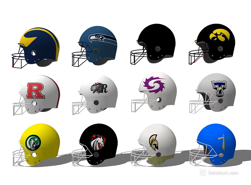 Various Football Helmets With Different Team Logos And Colorful Designs 3d model 