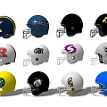 Various Football Helmets With Different Team Logos And Colorful Designs