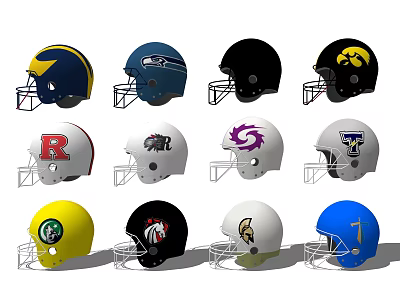 Various Football Helmets With Different Team Logos And Colorful Designs 3d model