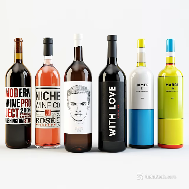 Various Modern Wine Bottles With Different Label Designs And Colorful Packaging 3d model