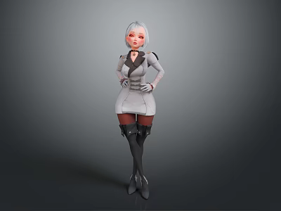 Child With White Short Hair Pink Cheeks Wearing Grey Dress Black Boots Standing Pose 3d model