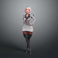 Child With White Short Hair Pink Cheeks Wearing Grey Dress Black Boots Standing Pose