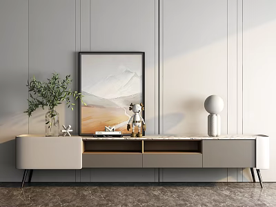 Modern TV Stand With Storage Green Plant Artwork And Decorative Lamp 3d model