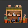 Cartoon Small Shop Scene with Flower Pots on Roof Rabbit Cat Front Potted Plants Flowers