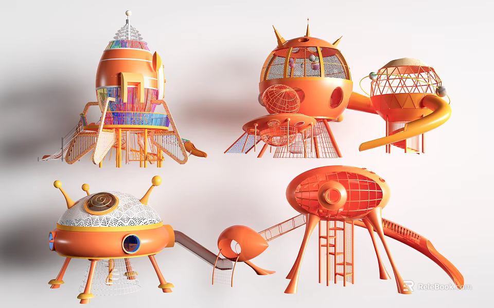 Orange Playground Equipment Rocket Spaceship UFO Like Structures With Slides And Climbing Nets 3d model 
