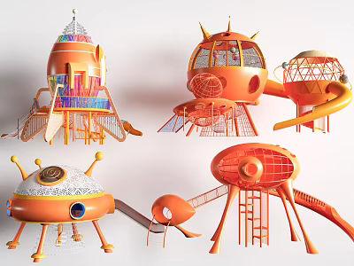 Orange Playground Equipment Rocket Spaceship UFO Like Structures With Slides And Climbing Nets 3d model