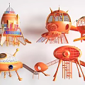 Orange Playground Equipment Rocket Spaceship UFO Like Structures With Slides And Climbing Nets