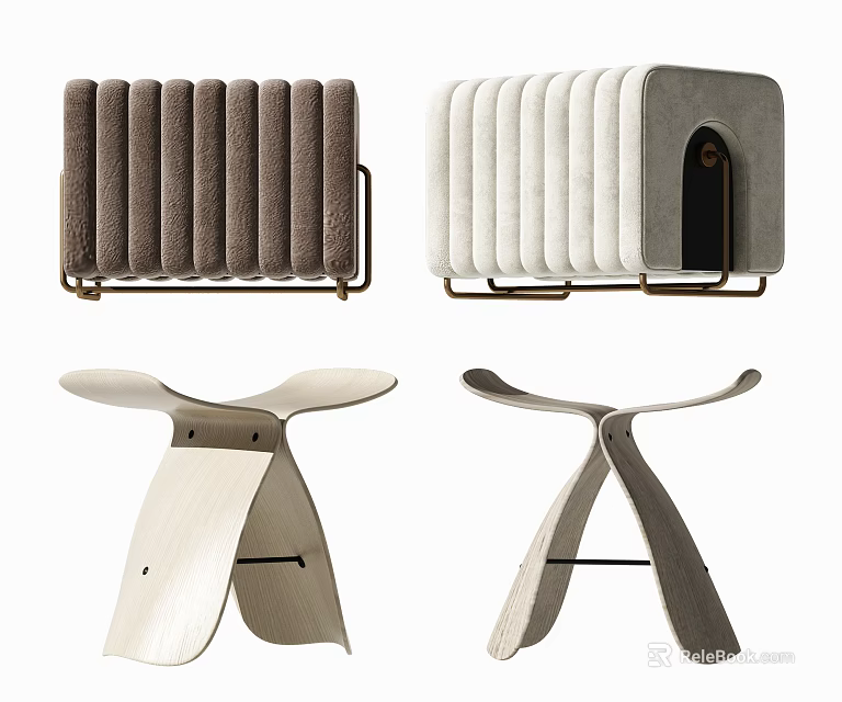 Modern Stool Designs Featuring Unique Shapes Wooden Frames And Upholstered Seats 3d model 