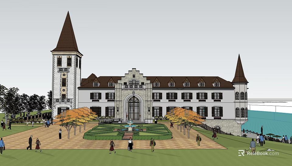 European Style Sales Office Building With Tower Design Courtyard Lawn And Fountain 3d model 