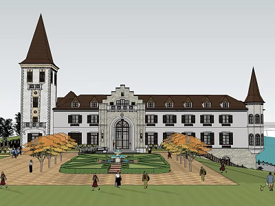 European Style Sales Office Building With Tower Design Courtyard Lawn And Fountain 3d model